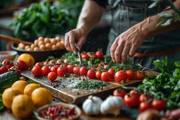 Fotobehang A chef is seen chopping fresh cherry tomatoes, herbs, and spices on a wooden board, surrounded by a variety of fresh produce including eggs, garlic, and greens © Larisa AI