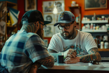 Artist and Client Discussing Tattoo in Studio - obrazy, fototapety, plakaty