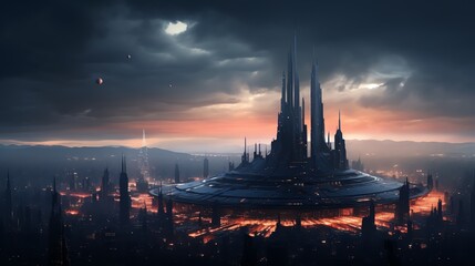 a haunting dystopian cityscape featuring grand, futuristic architecture under a dramatic