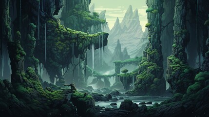 a lone figure stands at the precipice of a bottomless chasm, surrounded by floating islands and cascading waterfalls Utilize pixel art to convey the juxtaposition of vulnerability