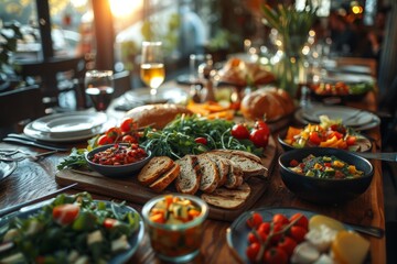 An array of colorful, healthy dishes perfectly arranged on a rustic wooden table, inviting to a gourmet experience