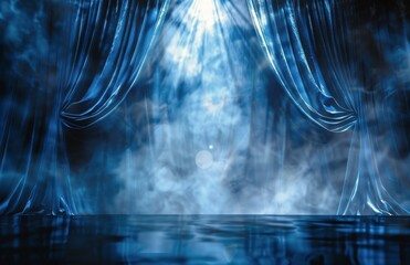 A Stage With a Blue Curtain and a Spotlight - obrazy, fototapety, plakaty