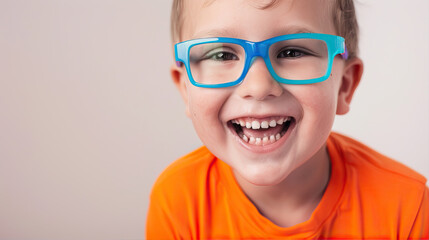 Portrait of a little smiling boy wearing blue glasses and an orange T-shirt
