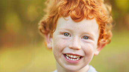 Portrait of a little smiling boy with red, curly hair
