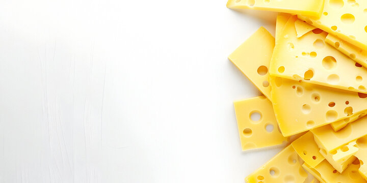 Slices of cheese on the right on a white background, copy space