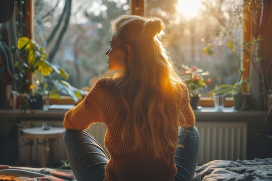 The warmth of a sunlit room envelopes a woman lost in contemplation while staring out of a window into the nature