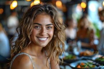 Fototapeta premium Portrait of a beautiful woman with glowing skin and a bright smile in a lively setting
