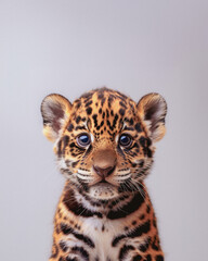Baby jaguar portrait isolated on a light background. Jaguar cub. Cute animals. Close-up photo.