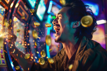 Ecstatic Man Winning at Arcade Game