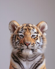 Baby tiger portrait isolated on a light background. Tiger cub. Cute animals. Close-up photo.