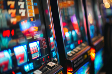 Row of Slot Machines in Vibrant Casino