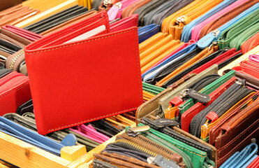 Red wallet and other leather zip wallets created by hand by the skilled craftsman for sale - 785640361