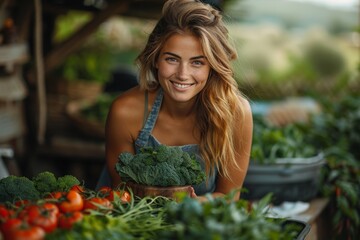 Smiling woman with fresh vegetables standing at a market stall filled with organic greens and produce - obrazy, fototapety, plakaty
