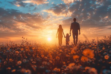 Fototapeta premium A family holding hands in a wildflower field during sunset, creating a peaceful silhouette against the vibrant sky