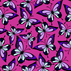 seamless pattern of bright colored butterflies on a purple background, texture, design