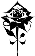 black graphic drawing of a rose flower with leaves, monochrome, decorative element