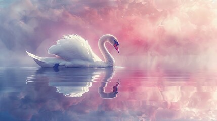 A peaceful swan gracefully floats on a calm lake reflecting a sky blending limbo and rainbow hues. In serene mauve, dusty rose, and soft blue-gray - obrazy, fototapety, plakaty
