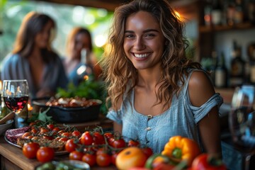 Attractive woman with curly hair and a brilliant smile enjoying a dinner party with friends and fresh food