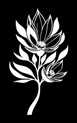 Simple white graphic drawing of magnoli flower against black background, logo