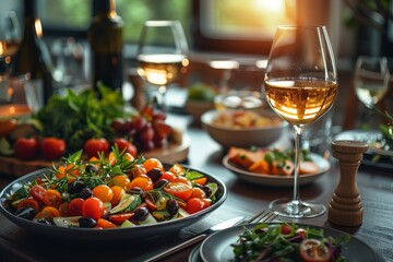 An elegant dinner setting with a glass of white wine paired with a fresh, colorful salad with diverse ingredients - obrazy, fototapety, plakaty