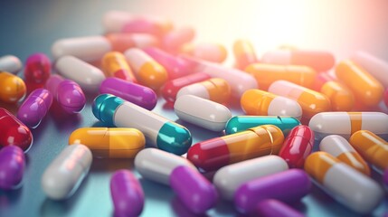 Colorful medicine tablets antibiotic pills on soft background.