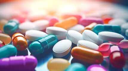 Colorful medicine tablets antibiotic pills on soft background.