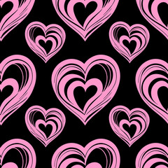 seamless graphic pattern of pink hearts on a black background, texture, design