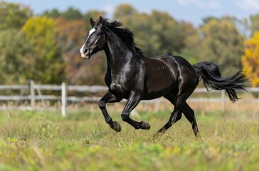 A Black Horse Galloping Through a Field