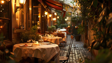 An elegant Parisian bistro with outdoor seating and classic French decor. - obrazy, fototapety, plakaty