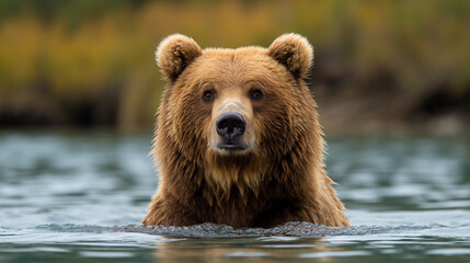 Obraz premium Brown bear portrait in the forest: A wild grizzly bear with furry brown fur, dangerous yet majestic, looking directly at the camera