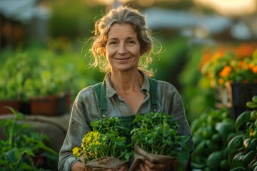 A mature woman farmer holding a basket of fresh herbs, standing in a greenhouse
