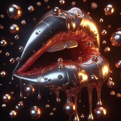 Glistening Droplets on Dark Curved Metallic Lips with Golden Ambient Light
