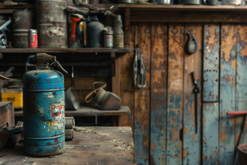 Fototapeta na wymiar Vintage Gasoline Canister in Rustic Workshop