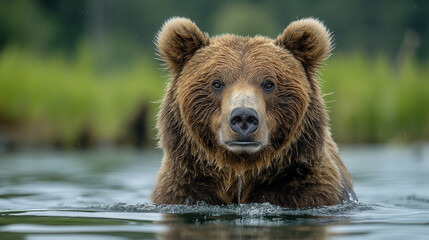 Brown bear portrait in the forest: A wild grizzly bear with furry brown fur, dangerous yet majestic, looking directly at the camera