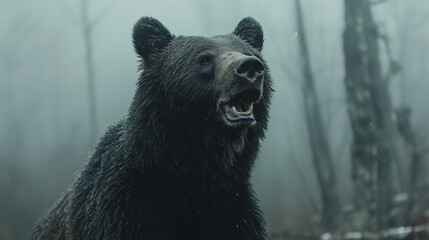 Brown bear portrait in the forest: A wild grizzly bear with furry brown fur, dangerous yet majestic, looking directly at the camera - obrazy, fototapety, plakaty