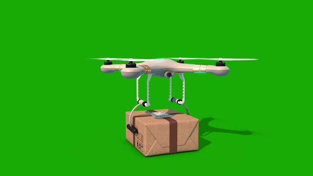 Green Screen Alpha Matte Drone Taking off with a Package from the Ground and Flying Away. 3d Animation Delivery Concept