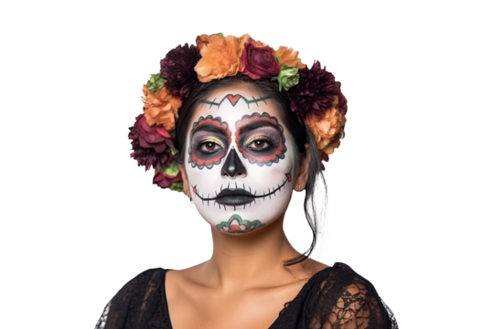 A sugar skull makeup women isolated on transparent background.