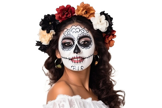 A sugar skull makeup women isolated on transparent background.