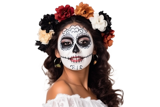 A sugar skull makeup women isolated on transparent background.