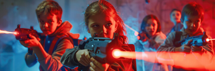 Children playing Laser Tag poster with copy space. - 785641701