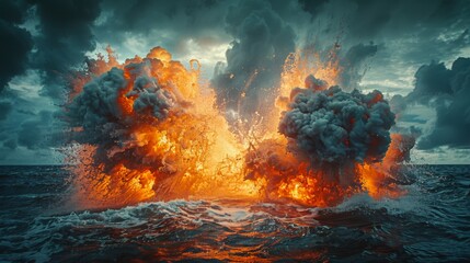 Fototapeta na wymiar Massive Fire and Water Explosion in the Ocean