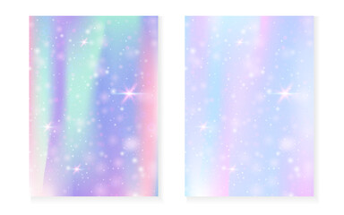 Magic background with princess rainbow gradient. Kawaii unicorn hologram. Holographic fairy set. Vibrant fantasy cover. Magic background with sparkles and stars for cute girl party invitation.