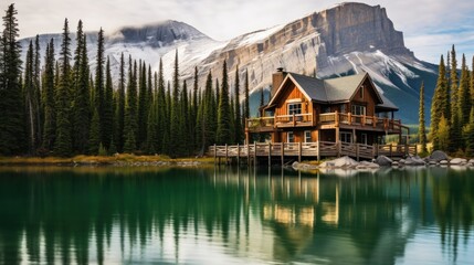 Naklejka premium Emerald Lake Lodge Located in the middle of nowhere among the mountains. A beautiful place showcasing the natural environment natural