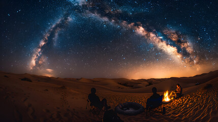 An evening of stargazing in a remote desert with a clear view of the Milky Way arching overhead. - obrazy, fototapety, plakaty