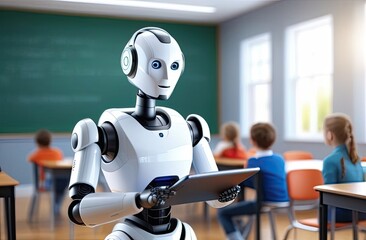 robot teacher holding a tablet in his hands at school classroom