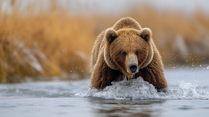 Brown bear swimming in a lake, surrounded by water, representing the majestic presence of wild...