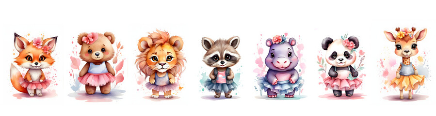 Fototapeta premium Watercolor cartoon animals for decoration. Generative AI