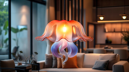 Modern living room with accent creative lamps in shape of jellyfish - 785642107