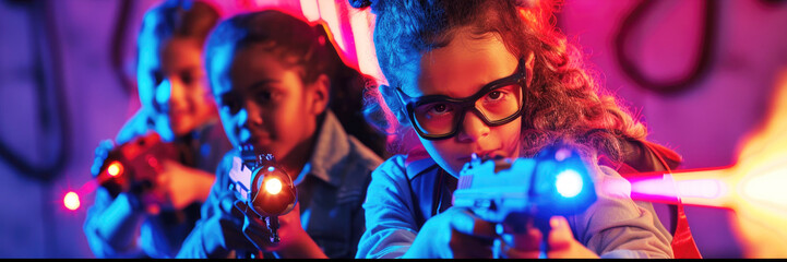 Children playing Laser Tag poster with copy space. - obrazy, fototapety, plakaty