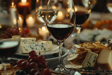 Fototapeta premium Wine and Cheese Pairing at Elegant Dinner Setting